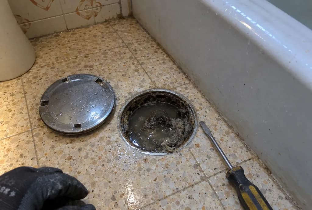 Bote sifónico abierto en el suelo de un baño antiguo junto a una bañera, con la tapa cromada y un destornillador al lado y pelo y lodo dentro