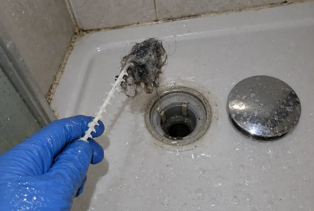 Mano con guante azul sacando una madeja de pelo y jabón de la válvula de un plato de ducha con una tira de plástico dentada