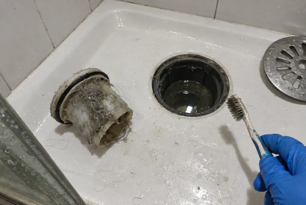 Pieza interior del sifón de una válvula de ducha desmontada sobre el plato, cubierta de pelo y restos de jabón, junto a la rejilla y un cepillo de dientes viejo